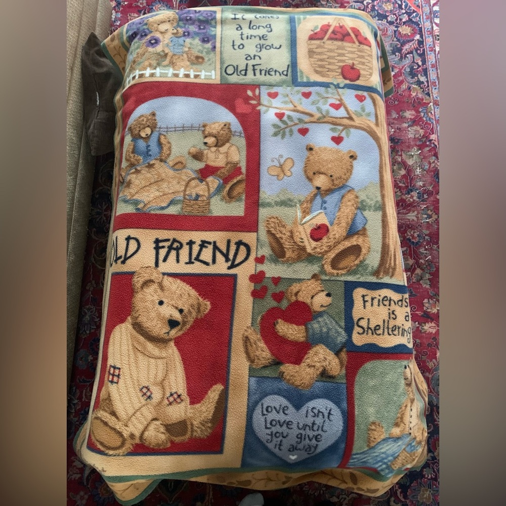 Vintage Teresa Kogut Old Friend Blue Brown Teddy Bear Fleece Throw Blanket 64x49